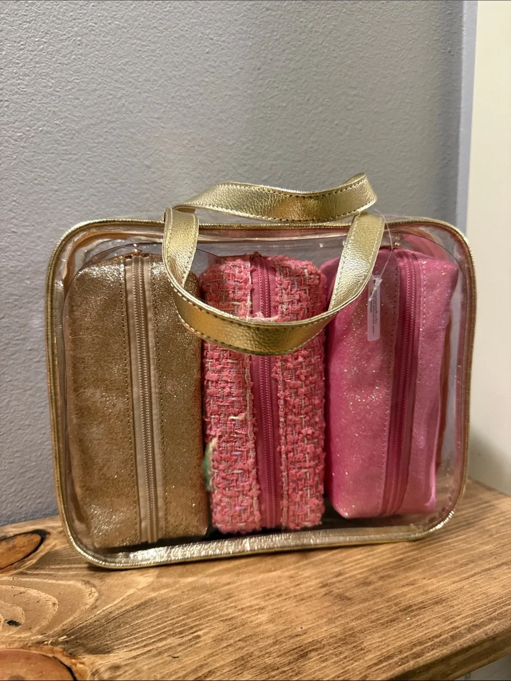 Clear Cosmetic Tote with Gold Trim and Pink & Gold Pouches
